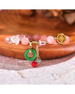 Buddha Stones Strawberry Quartz Jade Fu Character Charm Healing Bracelet - Jade(Wrist Circumference 14-16cm)