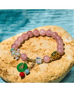 Buddha Stones Strawberry Quartz Jade Fu Character Charm Healing Bracelet - Jade(Wrist Circumference 14-16cm)