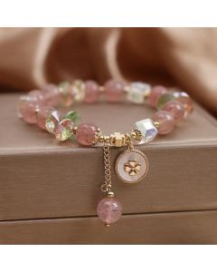Buddha Stones Strawberry Quartz Lucky Four Leaf Clover Healing Charm Bracelet - Strawberry Quartz(Love♥Healing)(Wrist Circumference 15-17cm)