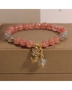 Buddha Stones Strawberry Quartz Moonstone Cat Charm Love Bracelet - Strawberry Quartz(Wrist Circumference: 5.5-5.9  in / 14-15cm)
