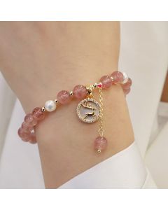 Buddha Stones Strawberry Quartz Pearl Elk Smiley Face Fishtail Fu Character Charm Healing Bracelet - Strawberry Quartz&Fu Character(Wrist Circumference 14-19cm)