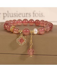 Buddha Stones Strawberry Quartz Pearl Four Leaf Clover Charm Healing Bracelet - Strawberry Quartz(Love♥Healing)