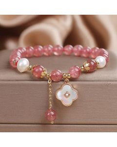 Buddha Stones Strawberry Quartz Pearl Shell Four-Leaf Clover Love Round Bead Bracelet - Strawberry Quartz(Love ♥ Healing)