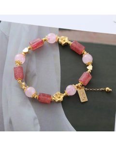 Buddha Stones Strawberry Quartz Pink Crystal Love Heart Flower Positive Bracelet - Strawberry Quartz&Pink Crystal(Wrist Circumference 14-16cm)