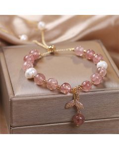 Buddha Stones Strawberry Quartz Rutilated Quartz Fishtail Charm Healing Bracelet - Rutilated Quartz(Fishtail Color Random)(Wrist Circumference 14-19cm)
