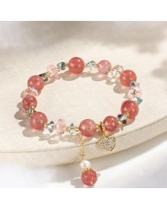 Buddha Stones Strawberry Quartz White Crystal Pearl Liuli Heart Healing Bracelet - Strawberry Quartzl(Wrist Circumference: 14-16cm)