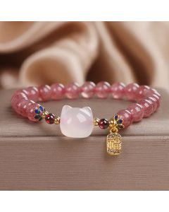 Buddha Stones Strawberry Quartz White Jade Cat Fu Character Healing Bracelet - Strawberry Quartz White Jade(Wrist Circumference: 14-16cm)