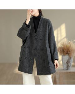 Buddha Stones Stripe V-Neck Cotton Long Sleeve Women's Coat With Pockets - Black / US8-10，UK/AU12-14，EU40-42 (L)