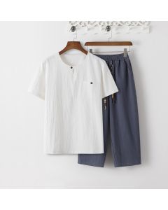 Buddha Stones Summer 2Pcs Plain Short Sleeve T-Shirt 7-8 Length Pants Cotton Linen Tang Suit Men's Meditation Cloth Set With Pockets - White T-Shirt & SlateGray Pants / US/UK/AU36，EU46 (L)