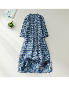 Buddha Stones Summer Blue Floral Stripes Circular Shape Stand Collar Design Short Sleeve Straight Midi Dress With Pockets - CornflowerBlue / US12,UK/AU16,EU44 (3XL)