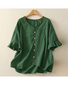 Buddha Stones Summer Boho Casual Button-up Solid Ruffle Bell Sleeve Women's Short Sleeve Shirts - Navy / US8-10, UK/AU12-14, EU40-42 (XL)
