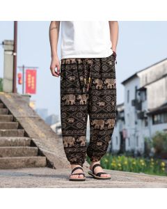 Buddha Stones Summer Boho Casual Drawstring Elephant Tree Print Cropped Pants Men's Harem Pants With Pockets - MidnightBlue / US/UK/AU46, EU56 (5XL)