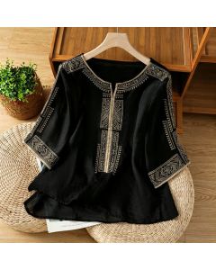 Buddha Stones Summer Boho Casual Embroidery Geometric Women's Short Sleeve T-Shirts - DarkKhaki / US8-10, UK/AU12-14, EU40-42 (2XL)