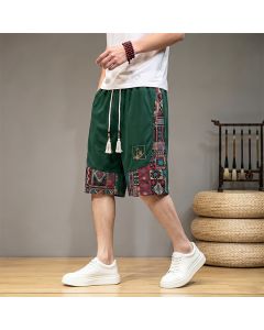 Buddha Stones Summer Boho Drawstring Elastic Waist Geometric Trim Men's Shorts With Pockets - ForestGreen / US/UK/AU36, EU46 (L)