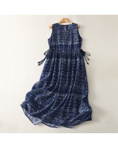 Buddha Stones Summer Boho Drawstring Ethnic Print Women's Summer Sleeveless Dress With Pockets - MidnightBlue / US4，UK/AU8，EU36 (M)