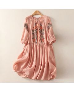 Buddha Stones Summer Boho Embroidery Floral Women's Elbow-Length Sleeve Dress - LightSalmon / US4, UK/AU8, EU36 (M)