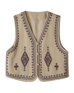 Buddha Stones Summer Boho Vintage Embroidery Geometric Tank Top Women's Sleeveless Shirts - Tan / US4, UK/AU8, EU36 (L)