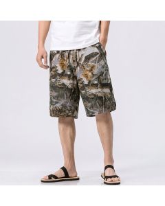 Buddha Stones Summer Casual Athletic Drawstring Camouflage Leaves Cotton Ramie Men's Shorts With Pockets - Gray / US/UK/AU36, EU46 (L)