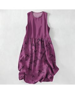 Buddha Stones Summer Casual Bamboo Leaves Pattern Women's Summer Sleeveless Midi Dress With Pockets - Chocolate / US16，UK/AU20，EU48 (3XL)