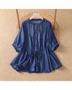 Buddha Stones Summer Casual Boho Button-Up Drawstring Solid Flared Hem Women's Short Sleeve Shirts - MidnightBlue / US4, UK/AU8, EU36 (L)