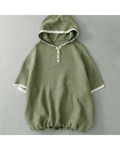 Buddha Stones Summer Casual Boho Button-Up Solid Green Hooded Lace Trim Women's Short Sleeve Shirts - DarkSeaGreen / US4, UK/AU8, EU36 (L)