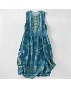 Buddha Stones Summer Casual Boho Paisley Medallion Pattern Women's Summer Sleeveless Midi Dress With Pockets - Teal / US4，UK/AU8，EU36 (S)