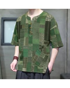 Buddha Stones Summer Casual Boho Patchwork Plaid Design Men's Short Sleeve Shirts With Patch Pocket - DarkGoldenrod / US/UK/AU46, EU56 (5XL)