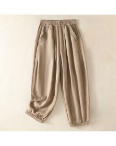 Buddha Stones Summer Casual Boho Solid Capri Pants Women's Straight Leg Pants With Pockets - Beige / US8-10, UK/AU12-14, EU40-42 (2XL)