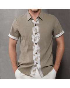 Buddha Stones Summer Casual Boho Tie-Dye Solid Men's Short Sleeve Shirts - Tan / US/UK/AU36, EU46 (L)