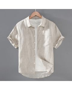 Buddha Stones Summer Casual Button-Up Solid Linen Men's Short Sleeve Shirts With Patch Pocket - Beige / US/UK/AU36，EU46 (L)