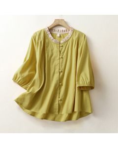Buddha Stones Summer Casual Button Up Solid Ruffled Collar Cotton Women's Short Sleeve Shirt - Goldenrod / US4，UK/AU8，EU36 (L)
