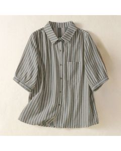 Buddha Stones Summer Casual Button-Up Striped Women's Short Sleeve Shirts With Patch Pocket - SteelBlue / US4, UK/AU8, EU36 (L)