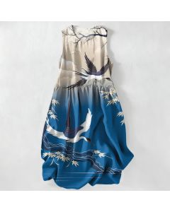 Buddha Stones Summer Casual Crane Bamboo Pattern Women's Summer Sleeveless Midi Dress With Pockets - RoyalBlue / US4，UK/AU8，EU36 (S)