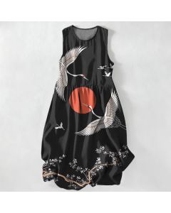 Buddha Stones Summer Casual Crane Red Sun Pattern Women's Summer Sleeveless Midi Dress With Pockets - ForestGreen / US16，UK/AU20，EU48 (3XL)