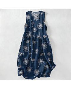Buddha Stones Summer Casual Dandelion Bloom Pattern Women's Summer Sleeveless Midi Dress With Pockets - Black / US14，UK/AU18，EU46 (2XL)