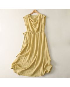 Buddha Stones Summer Casual Drawstring Solid Women's Summer Sleeveless Dress - PaleGoldenrod / US4，UK/AU8，EU36 (M)