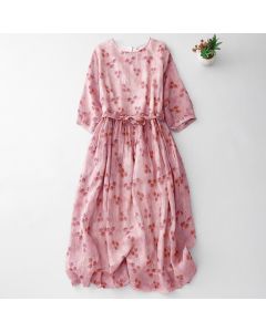 Buddha Stones Summer Casual Elegant Drawstring Floral Women's Elbow-Length Sleeve Dress With Pocket - Pink / US6, UK/AU10, EU38 (M)