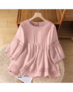 Buddha Stones Summer Casual Elegant Solid Crew Neck Lace Trim Women's Short Sleeve T-Shirts - LightPink / US4, UK/AU8, EU36 (L)