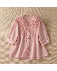 Buddha Stones Summer Casual Elegant Solid V-Neck Layered Ruffle Women's Three-Quarter Sleeve Shirts - LightPink / US6, UK/AU10, EU38 (L)