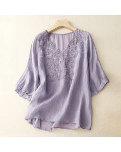 Buddha Stones Summer Casual Embroidered Flowers Women's V-neck Design Half Sleeve Acrylic T-shirt - Bisque / US6，UK/AU10，EU38 (XL)