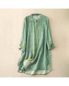 Buddha Stones Summer Casual Embroidered Stand Collar Design Three Quarter Sleeve Midi Dress - Pink / US8-10，UK/AU12-14，EU40-42 (2XL)