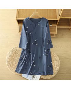 Buddha Stones Summer Casual Embroidery Floral Crew Neck Women's Three-Quarter Sleeve Dress With Pockets - SteelBlue / US6, UK/AU10, EU38 (M)