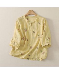 Buddha Stones Summer Casual Embroidery Floral Women's Short Sleeve Shirts - PaleGoldenrod / US4, UK/AU8, EU36 (M)
