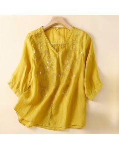 Buddha Stones Summer Casual Flower Branches Embroidered Pattern V-Neck Half Sleeve Women's T-shirt - MediumOrchid / US8-10,UK/AU12-14,EU40-42 (2XL)