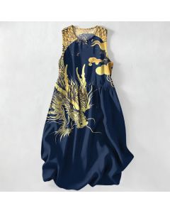 Buddha Stones Summer Casual Golden Dragon Cloud Pattern Women's Summer Sleeveless Midi Dress With Pockets - DarkOliveGreen / US16，UK/AU20，EU48 (3XL)
