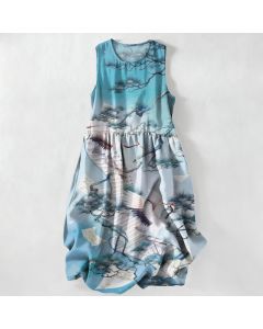 Buddha Stones Summer Casual Ink Wash Crane Pine Pattern Women's Summer Sleeveless Midi Dress With Pockets - PowderBlue / US4，UK/AU8，EU36 (S)