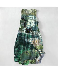 Buddha Stones Summer Casual Lotus Black Cat Pattern Women's Summer Sleeveless Midi Dress With Pockets - LightSkyBlue / US16，UK/AU20，EU48 (3XL)