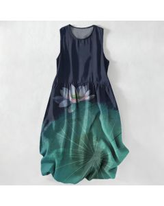 Buddha Stones Summer Casual Lotus Pond Pattern Women's Summer Sleeveless Midi Dress With Pockets - Purple / US16，UK/AU20，EU48 (3XL)