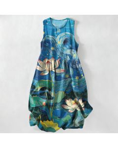 Buddha Stones Summer Casual Lotus Swirl Pattern Women's Summer Sleeveless Midi Dress With Pockets - RoyalBlue / US4，UK/AU8，EU36 (S)