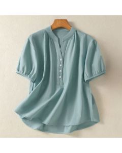 Buddha Stones Summer Casual Mandarin Collar Half Button Solid Puff Sleeve Women's Short Sleeve Shirts - RosyBrown / US8-10, UK/AU12-14, EU40-42 (2XL)